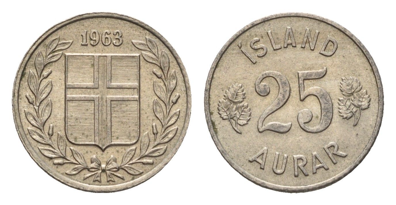 Исландия 25 эйре 1963 KM 11 медно-никель 4690-627