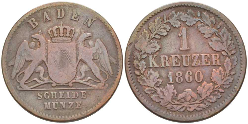 Баден 1 крейцер 1860 Великий Герцог Фридрих I (1856-1907) КМ 242 медь 117-825