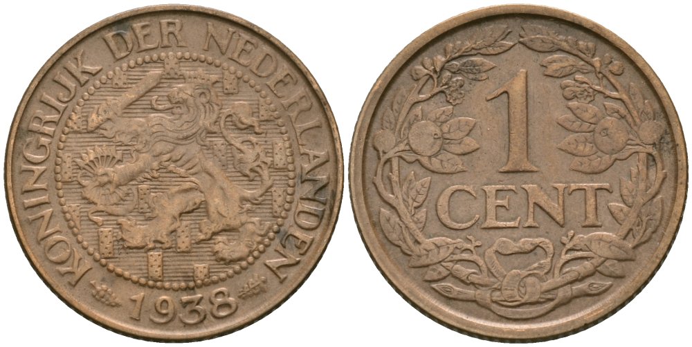 Нидерланды 1 цент 1938 Вильгельмина (1890-1948) KM 152 бронза 4576-1135