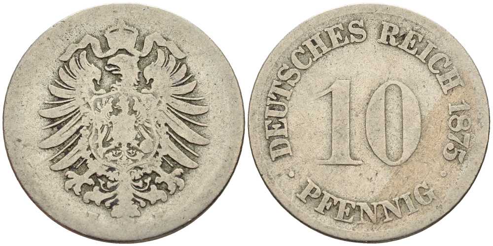 ГЕРМАНИЯ 10 ПФЕННИГОВ 1875 E, СТАРОГЕРБОВКА KM 4, J. 4 медно-никель 4401-254