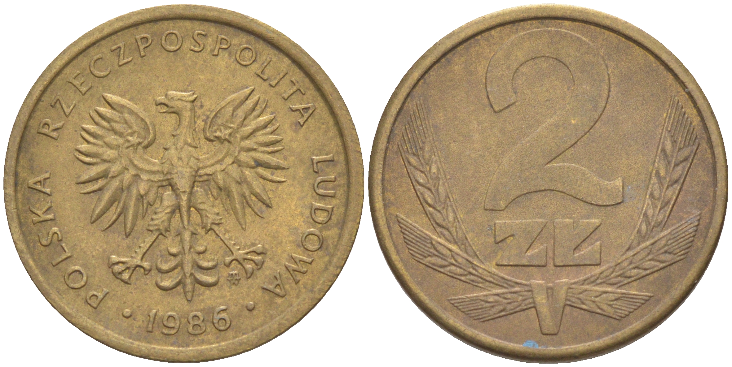 ПОЛЬША 2 ЗЛОТЫХ 1986 MW KM 80.2 латунь 187-953