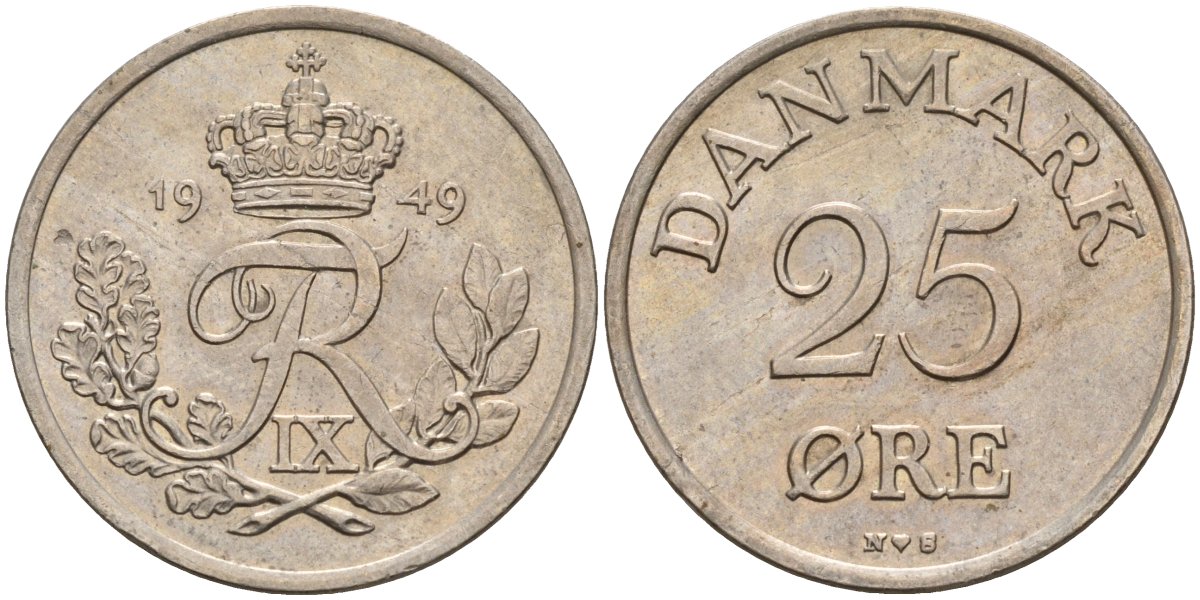Дания 25 эре 1949 N; S, Фредерик IX (1947-1972) KM 842.1 медно-никель 4148-252