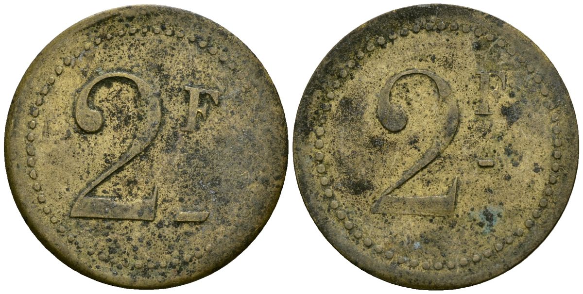 Франция 2 франка XIX-XX век ресторанный жетон латунь 4166-936
