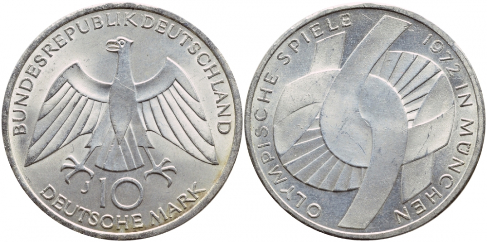ФРГ 10 марок 1972 J, XX летние Олимпийские игры 1972 года в Мюнхене, символика KM 131, J.402 серебро UNC 1520-1434