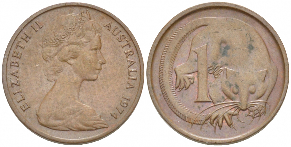 АВСТРАЛИЯ 1 ЦЕНТ 1974 ЕЛИЗАВЕТА II, МОЛОДОЙ ПОРТРЕТ, ОПОССУМ КМ 62 бронза 3851-1114