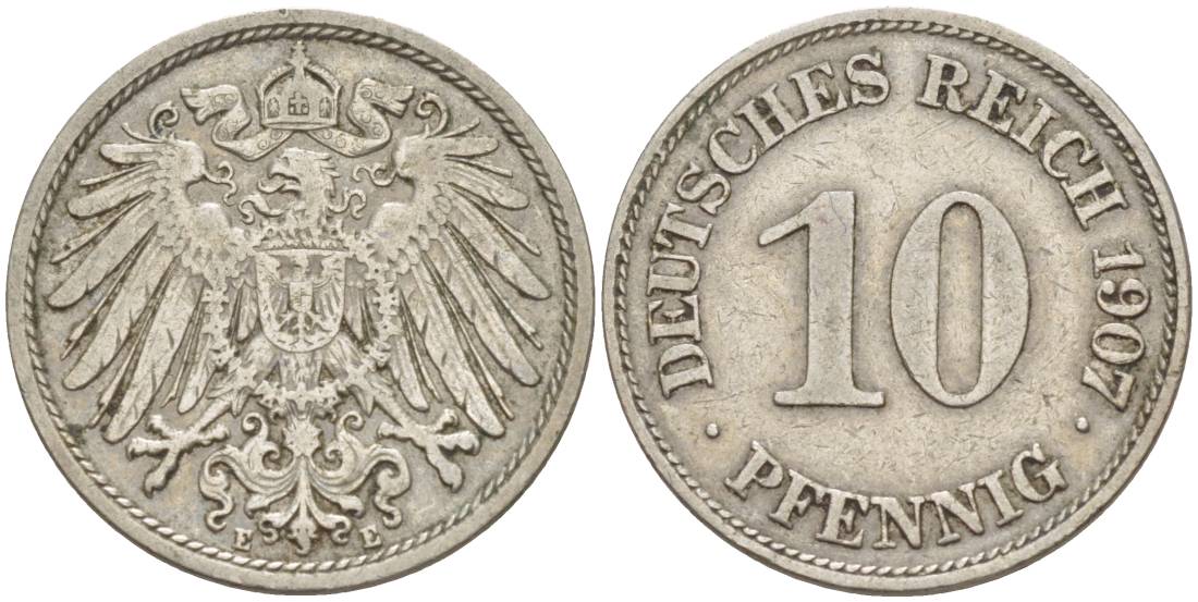 Германия 10 пфеннигов 1907 E KM 12, Jager 13, Weege 8 медно-никель 219-133