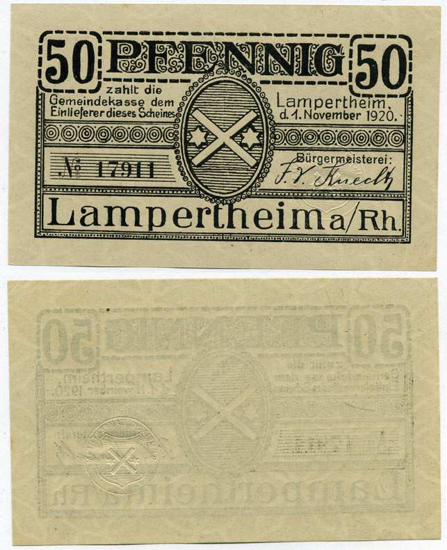 ЛАМПЕРТХАЙМ-НА-РЕЙНЕ, ГЕРМАНИЯ 50 ПФЕННИГОВ 1920 1 НОЯБРЯ 1920, НОТГЕЛЬД, ЗЕМЛЯ ГЕССЕН, ВОДЯНОЙ ЗНАК VERSCHLUNGENE KREISE Grabowski L7.4 бумага UNC (ПРЕСС) 8613-36-1-2