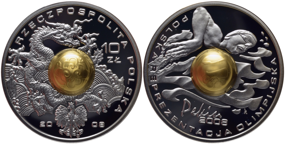 Польша 10 злотых 2008 MW, XXIX олимпийские игры в Пекине 2008 года, водное поло, в центре позолоченный мяч, китайский орнамент и дракон KM 645 серебро PROOF 1096-5-63