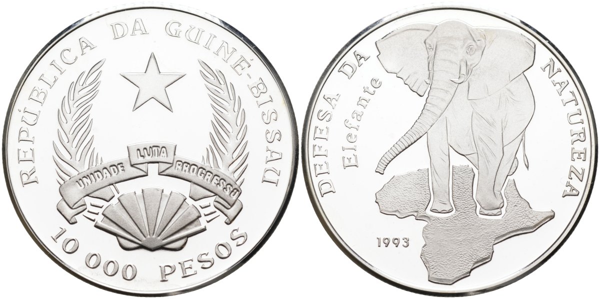 Гвинея-Бисау 10000 песо 1993 серия защита окружающей среды, слон KM 31 серебро PROOF 1095-8-54