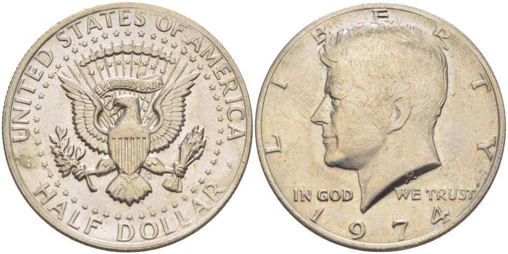 США 1/2 доллара (50 центов) 1974 Джон Кеннеди KM 202b медь плакированная медно-никелем 38-515
