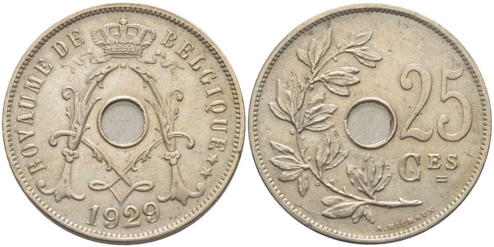 БЕЛЬГИЯ 25 САНТИМОВ 1929 BELGIQUE, АЛЬБЕРТ I (1909-1934) KM 68.1 медно-никель 119-357