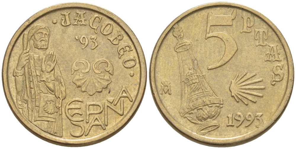 ИСПАНИЯ 5 ПЕСЕТ 1993 СВЯТОЙ ЯКОБ(JACOBEO) , ХУАН КАРЛОС I ( 1975-) KM 9 19 никель латунь 4181-1117