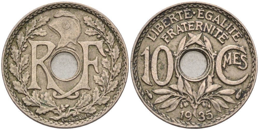 Франция 10 сантимов 1935 тип LINDAUER KM 866а, Le Franc 128.22 медно-никель 4575-335