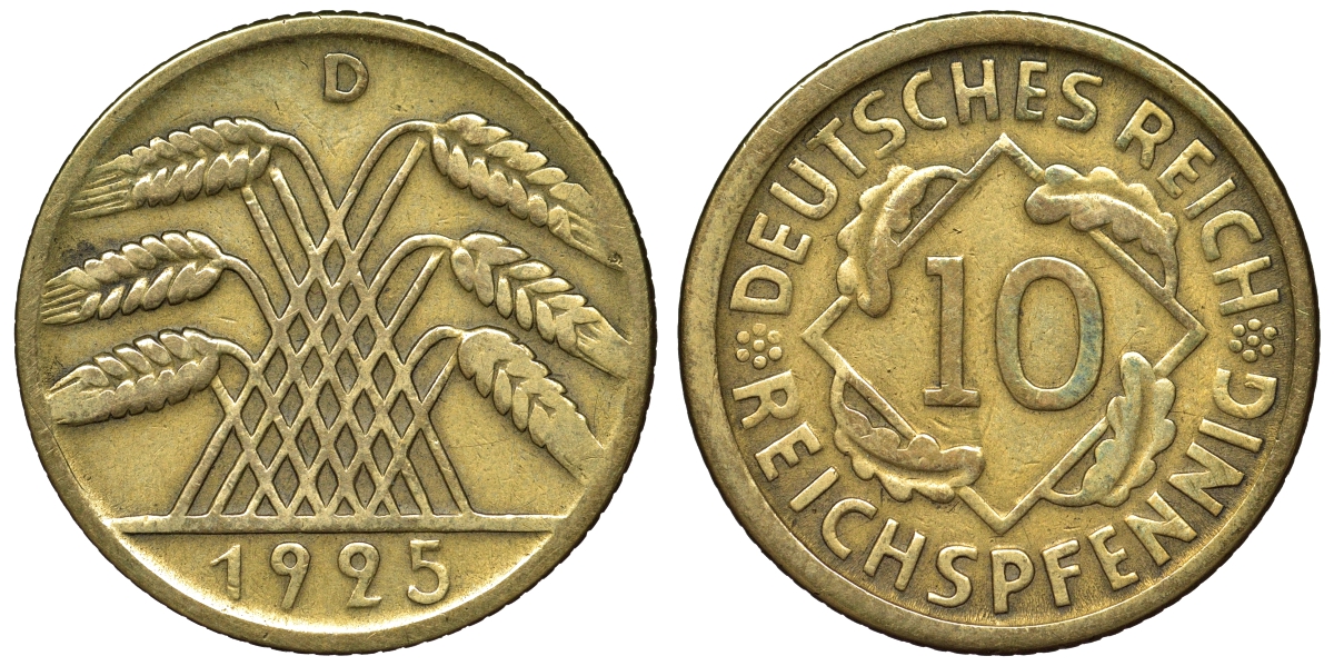 Германия 10 рейхспфеннигов 1925 D KM 40, J. 317 алюминиевая бронза 4121-916