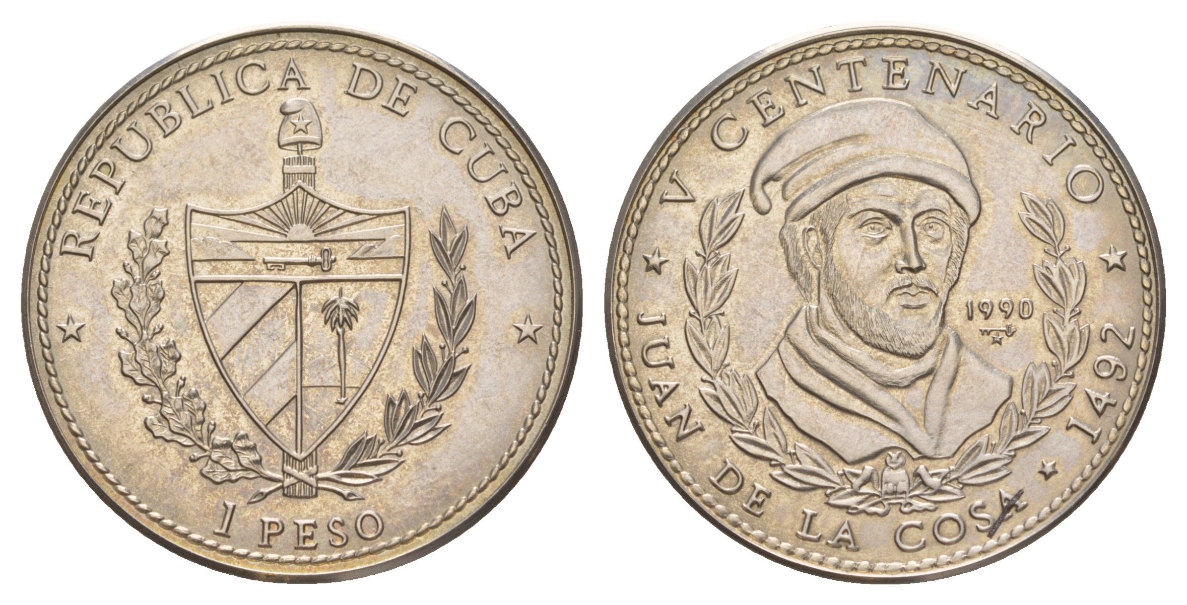 Куба 1 песо 1990 500 лет открытию Америки. Хуан де ла Коса KM 309 медно-никель BU 413-834