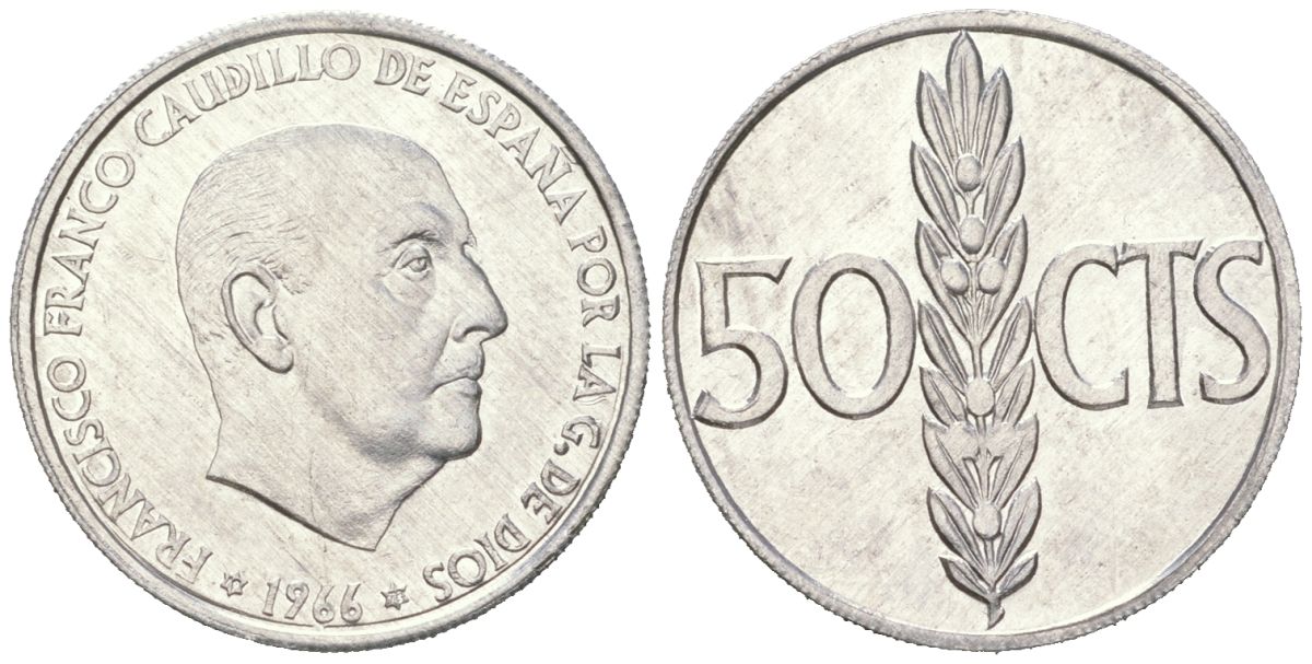Испания 50 сентимо 1966 (74) Франсиско Франко (1939-1975) KM 795 алюминий UNC 261-652