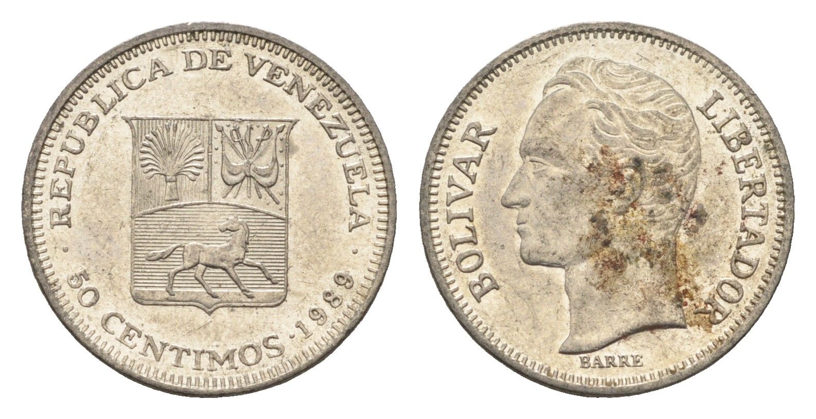 Венесуэла 50 сентимо 1989 Симон Боливар Y 41a сталь плакированная никелем 4664-227