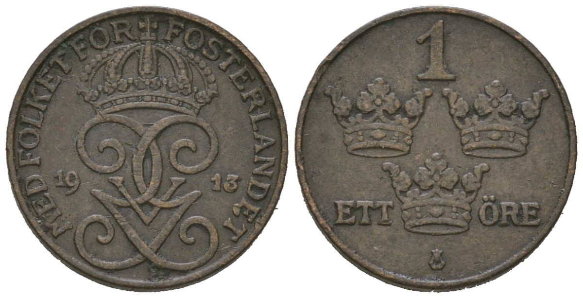 Швеция 1 эре 1913 Густав V (1907-1950) KM 777.2 бронза 4611-342