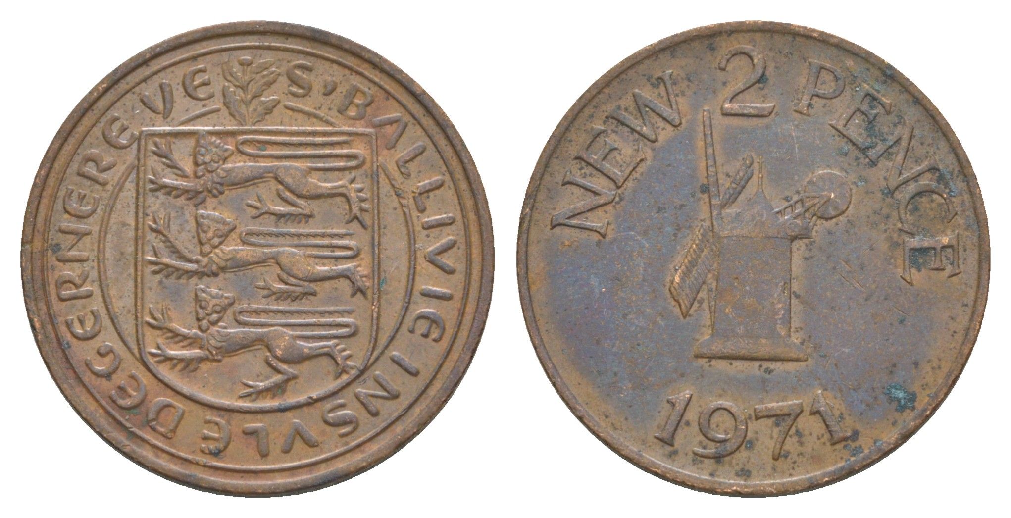 Гернси 2 пенса 1971 Елизавета II (1952-2022), ветряная мельница KM 22 бронза 4566-126