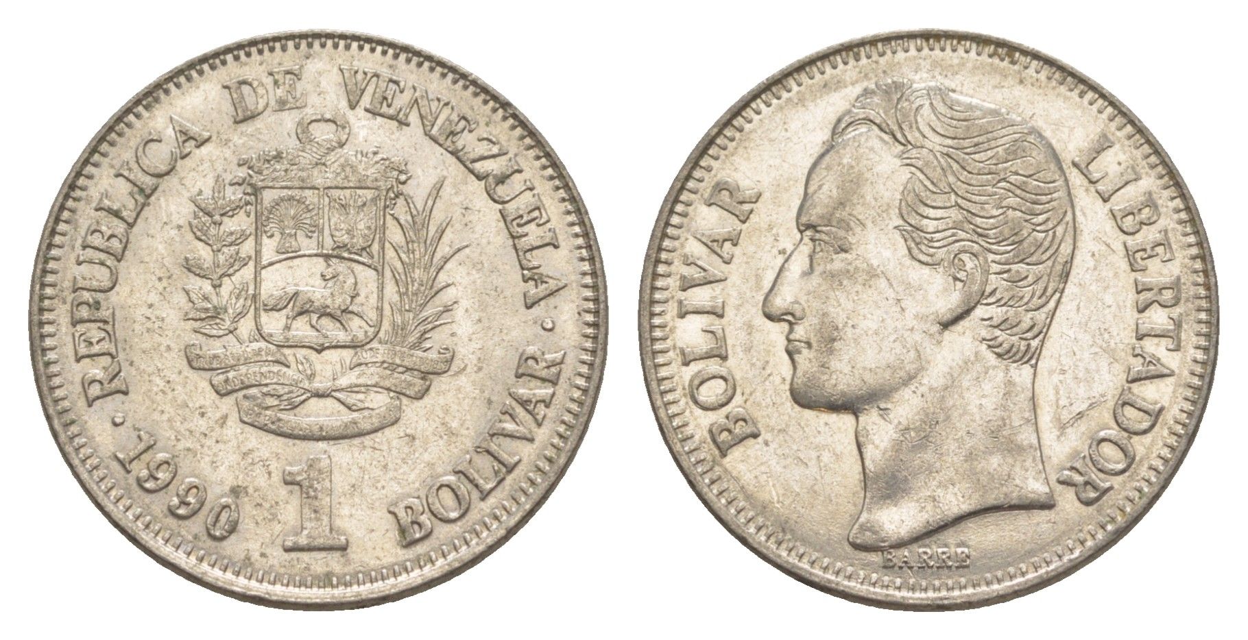 Венесуэла 1 боливар 1990 Симон Боливар, толстый шрифт Y 52a.2 сталь плакированная никелем 4591-921