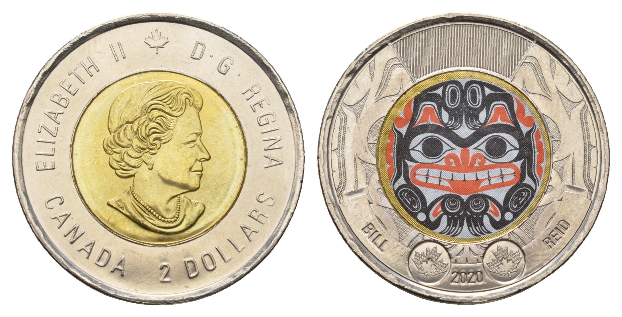 Канада 2 доллара 2020 100 лет со дня рождения Билла Рида, Цветное покрытие KM  2925.1 биметалл UNC 106-144