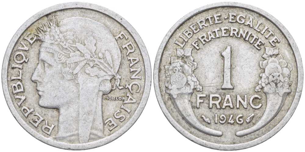 ФРАНЦИЯ 1 ФРАНК 1946 ТИП MORLON, LEGERE KM 885a.1, LE FRANC 221.9 алюминий 175-443