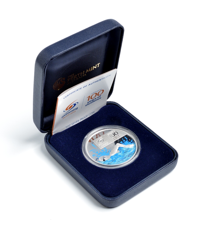 Австралия 1 доллар 2009 100 лет спортивному плаванию в Австралии, цветная эмаль, коробка, сертификат, PROOF серебро 8-1-05-06