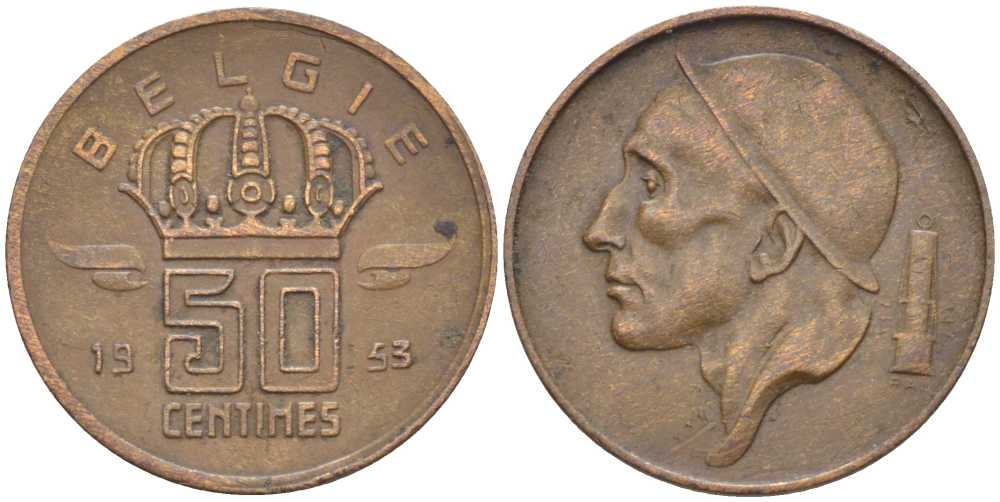 БЕЛЬГИЯ 50 САНТИМОВ 1953 BELGIE, БОДУЭН I (1951-1993) KM 145 бронза 116-965