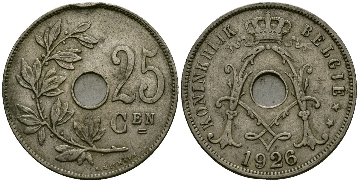 Бельгия 25 сантимов 1926 Belgie KM 69 медно-никель 4165-914