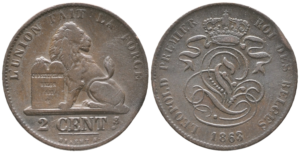 БЕЛЬГИЯ 2 САНТИМА 1863 BELGES KM 4.2 медь 34-335