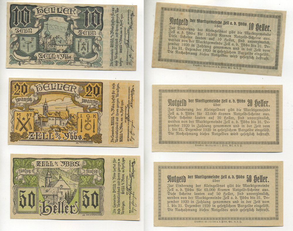 Австрия набор из 3 банкнот 1920 16 апреля 1920- 31 декабря 1920, нотгельд, 10, 20, 50 геллеров, ZELL am der UBBS   бумага  aUNC  7555-8-1-1