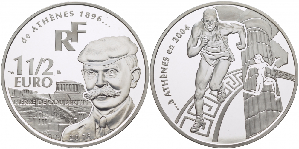 Франция 1 1/2 евро 2003 Пьер де Кубертен, Олимпийские игры 2004 года в Афинах, бег KM 1361 серебро PROOF 01-146-15