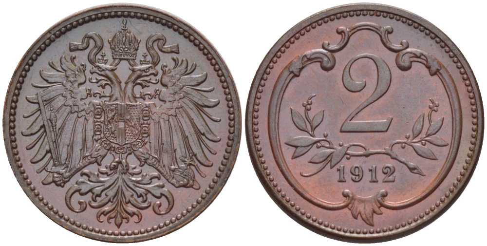 АВСТРИЯ 2 ГЕЛЛЕРА 1912 ФРАНЦ ИОСИФ (1846-1918) KM 2801 бронза 201-334