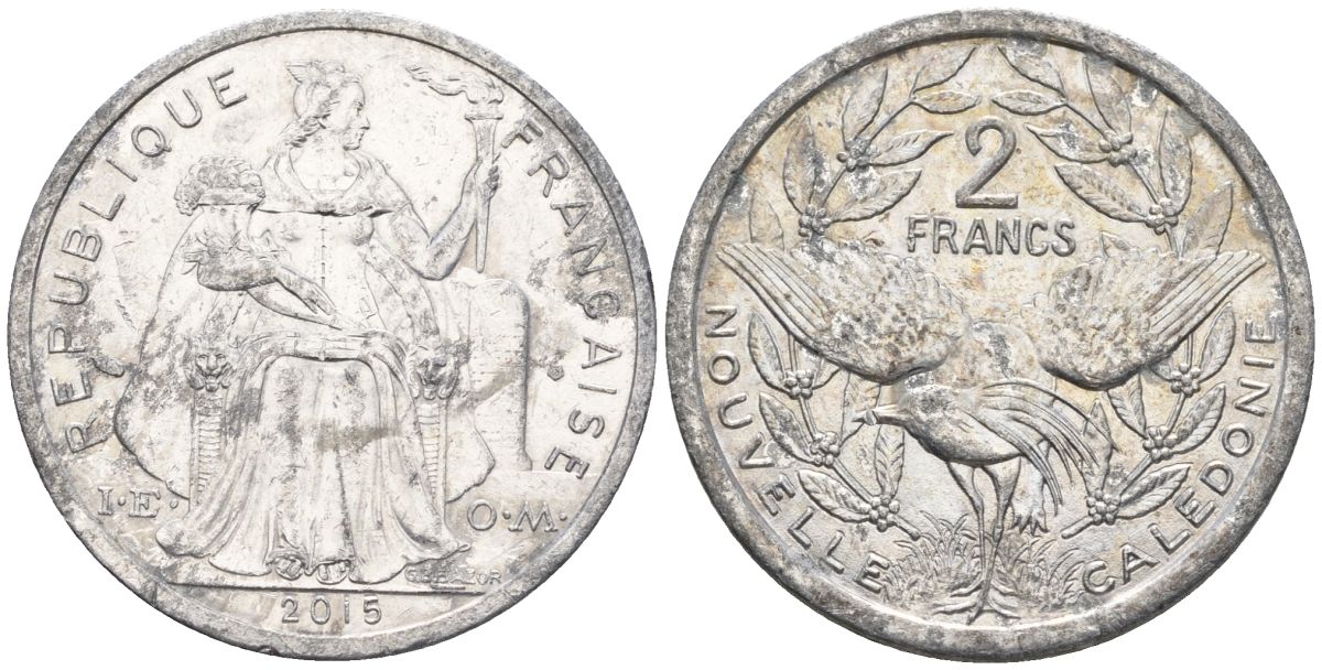 Французская Новая Каледония 2 франка 2015 птица кагу, (IEOM) KM 14, Schoen 11 алюминий    29-817