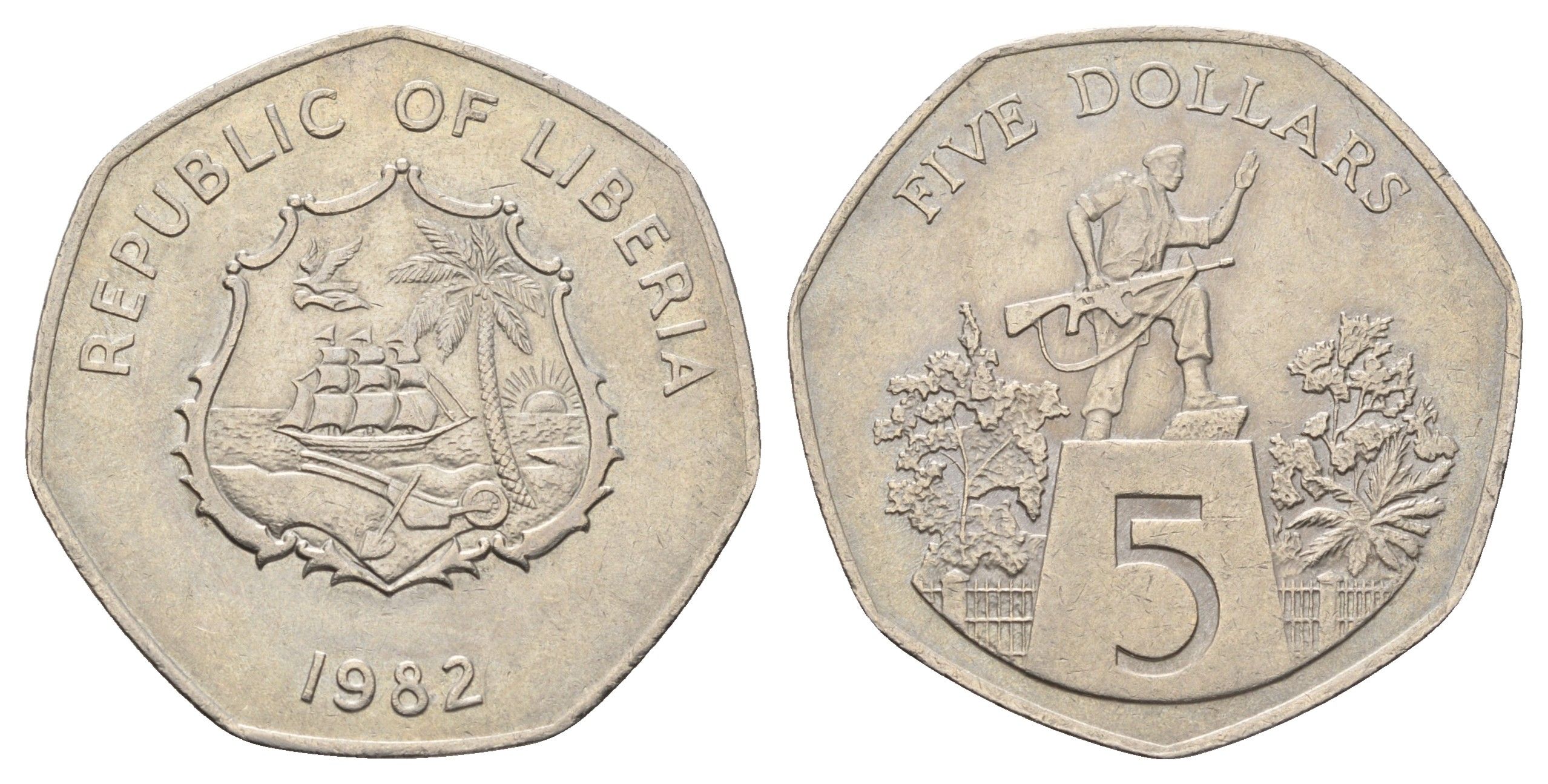 Либерия 5 долларов 1982 KM 44 медно-никель 4672-1016