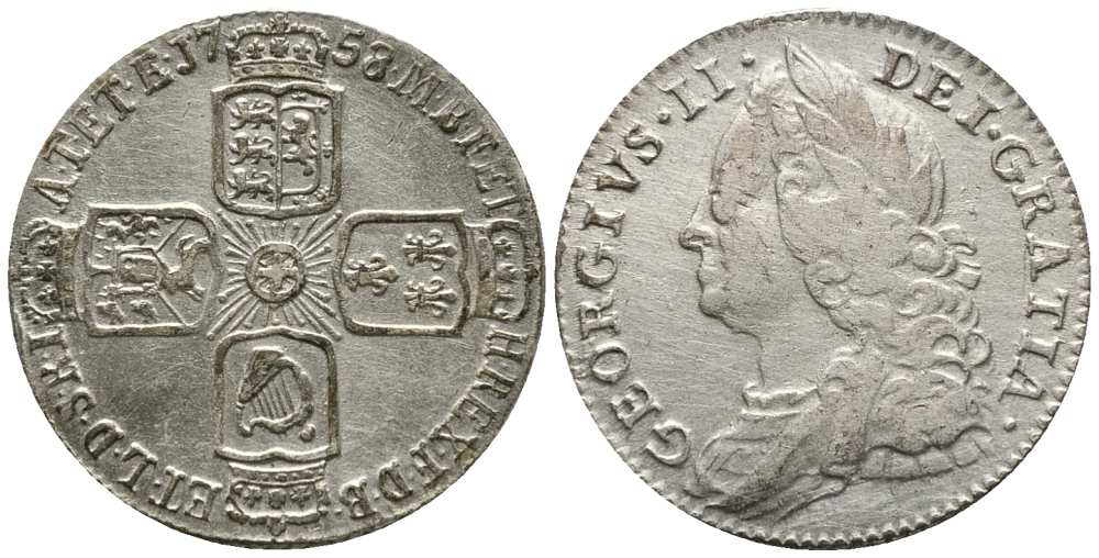 Великобритания 6 пенсов 1758 Георг II (1727-1760) KM 582.2, Spink 3711 серебро XF- 1518-344