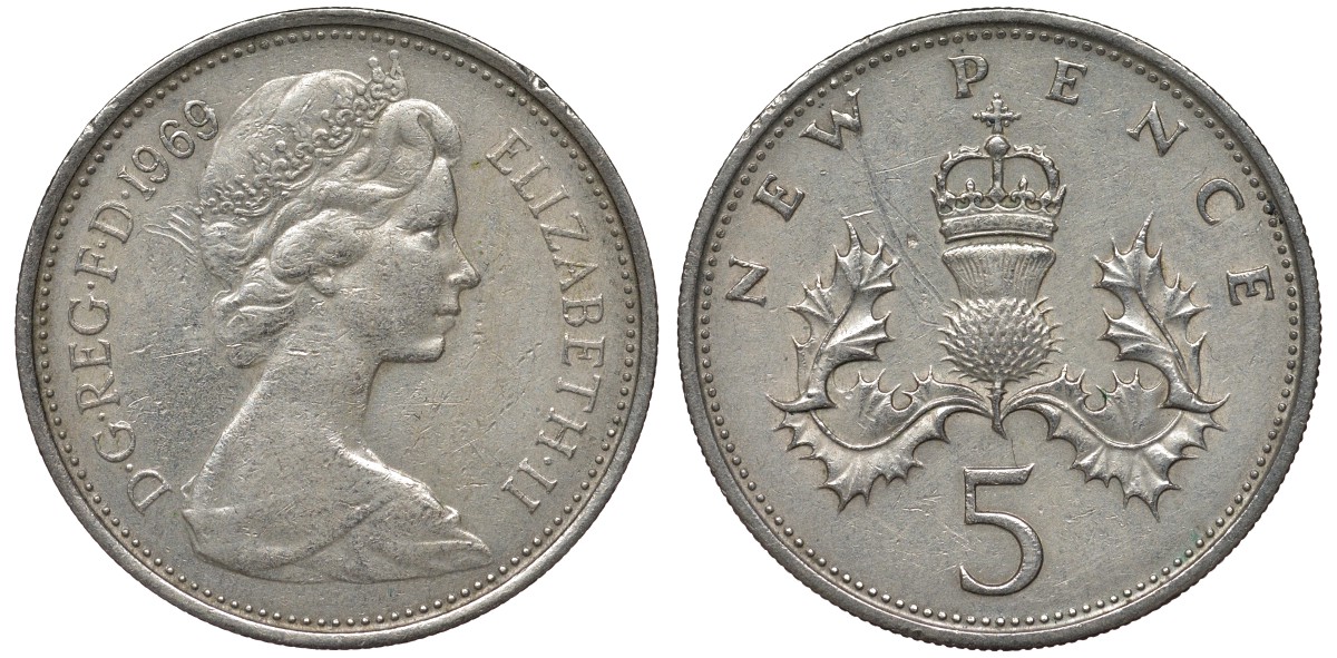 Великобритания 5 пенсов 1969 Елизавета II (1952-2022) KM 911, Spink 4233 (D1) медно-никель 4122-947