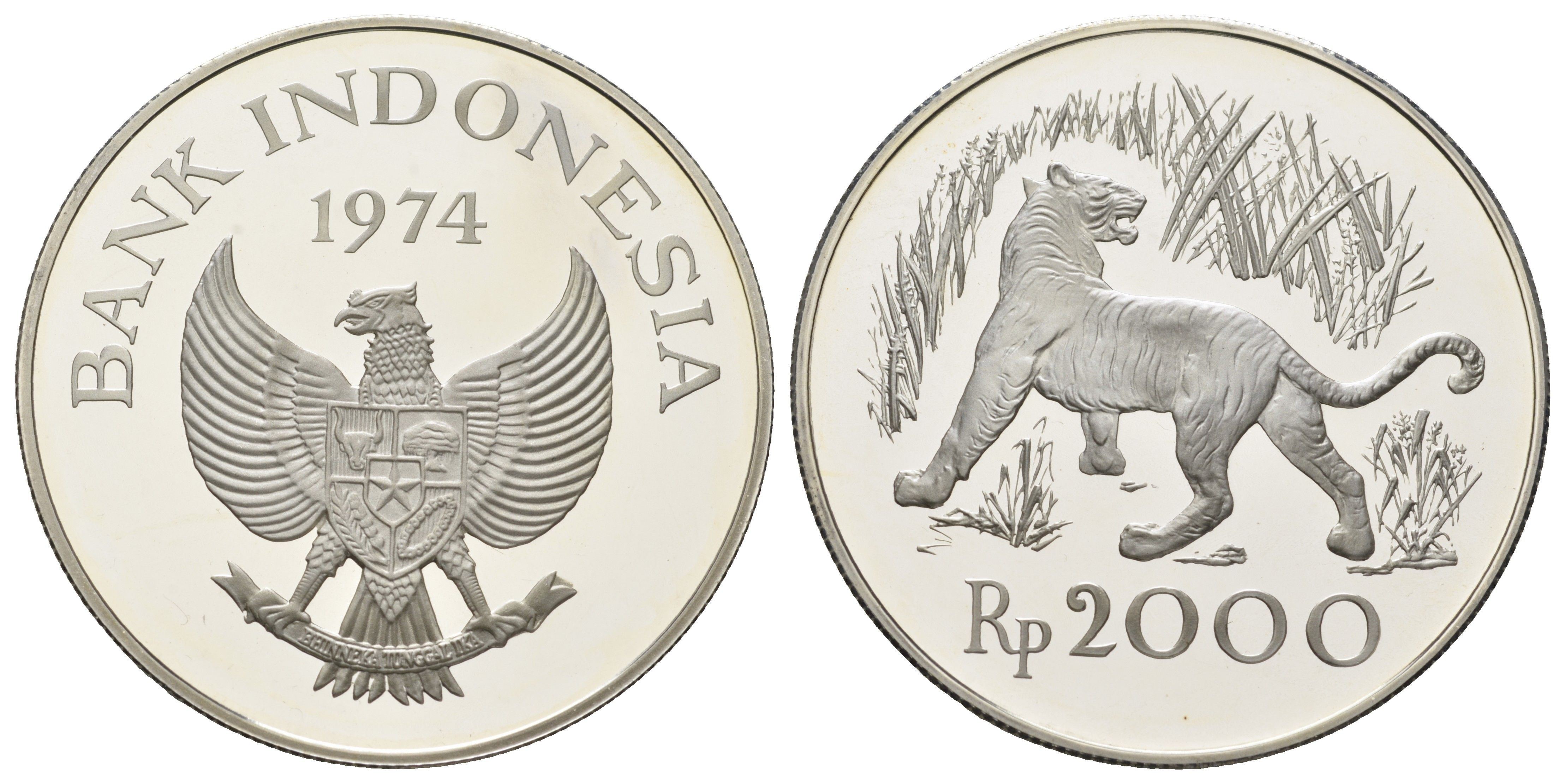 Индонезия 2000 рупий 1974 Яванский тигр KM 39a серебро PROOF 11-080-23