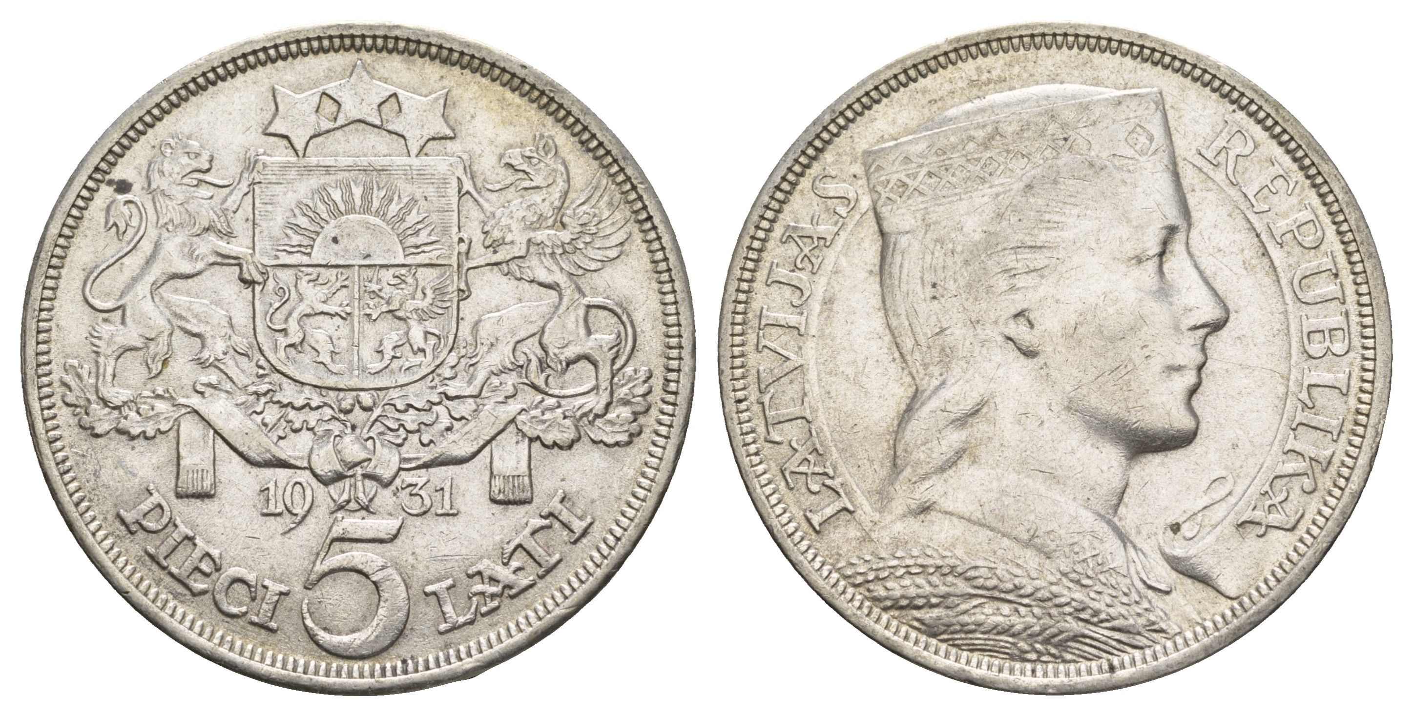 Латвия 5 латов 1931 девушка KM 9 серебро 443-1041