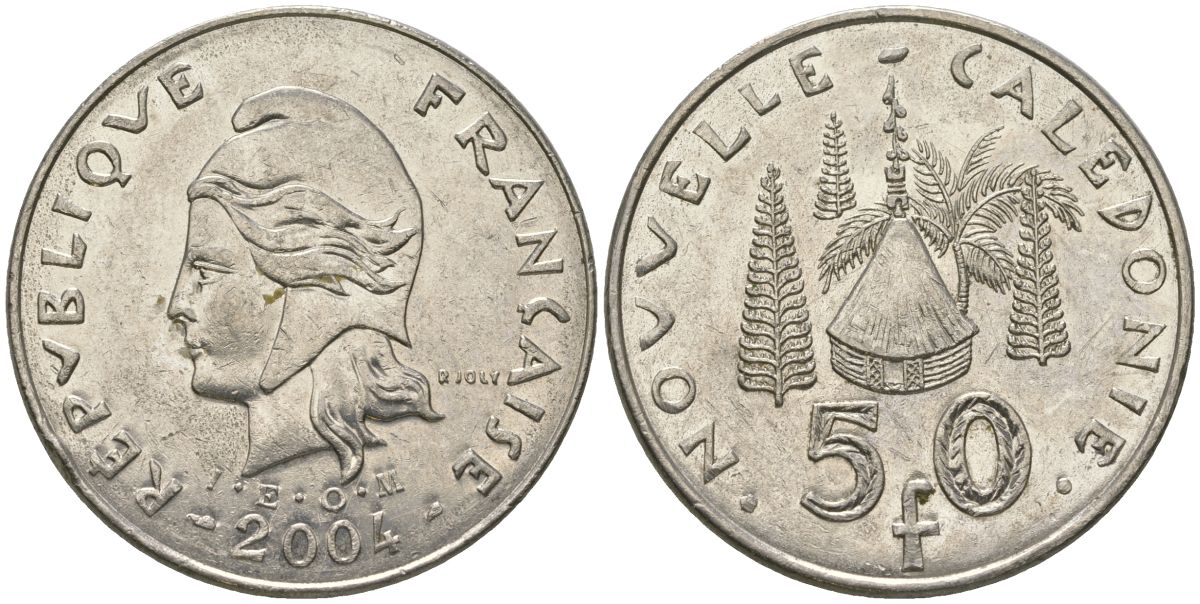Французская Новая Каледония 50 франков 2004 хижина среди сосен и пальм, (IEOM) KM 13, Schoen 15, Lec 121 никель 111-845