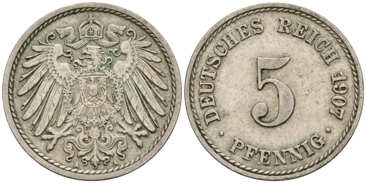 Германия 5 пфеннигов 1907 A KM 11 медно-никель 4516-646