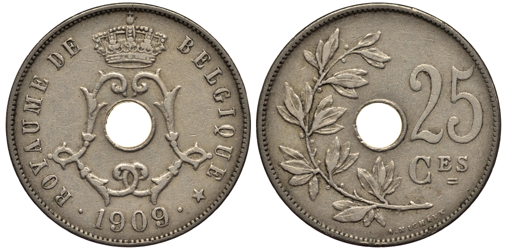БЕЛЬГИЯ 25 САНТИМОВ 1909 1908 BELGIQUE KM 62 медно-никель 4127-1313