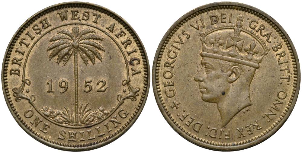 Британская Западная Африка 1 шиллинг 1952 KN, Георг VI (1937-1952), пальма KM 28 олово латунь 27-1042