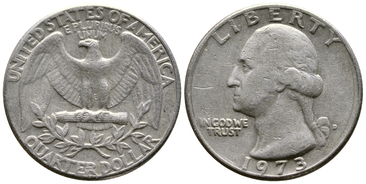 США 25 центов (квотер) 1973 D, Вашингтон KM 164а медь плакированная медно-никелем 57-623
