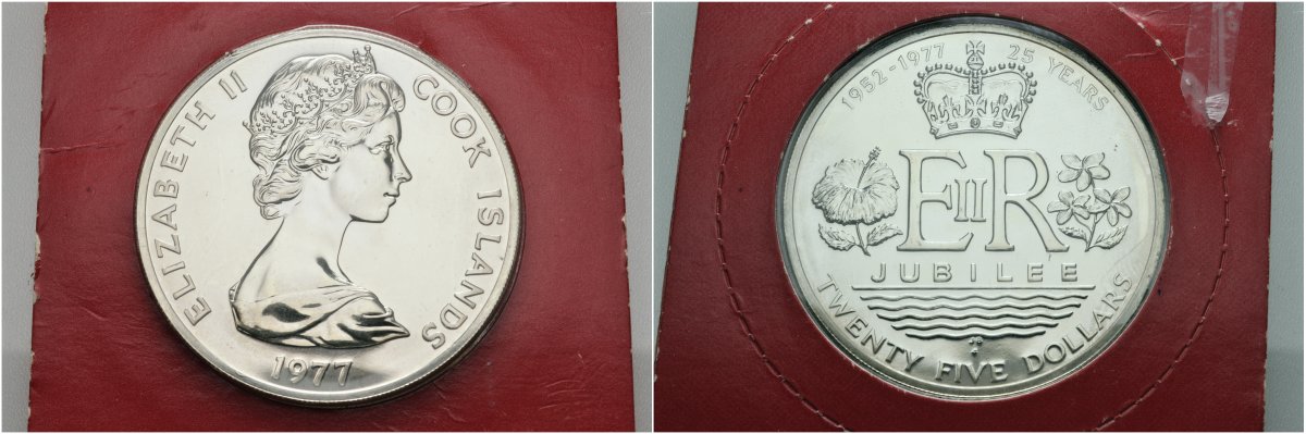 Острова Кука 25 долларов 1977 серебряный юбилей правления Елизаветы II (1952-1977), запайка, картонный буклет, вес 48,85 гр., тираж 4068 экз. KM 18 серебро UNC 00-00