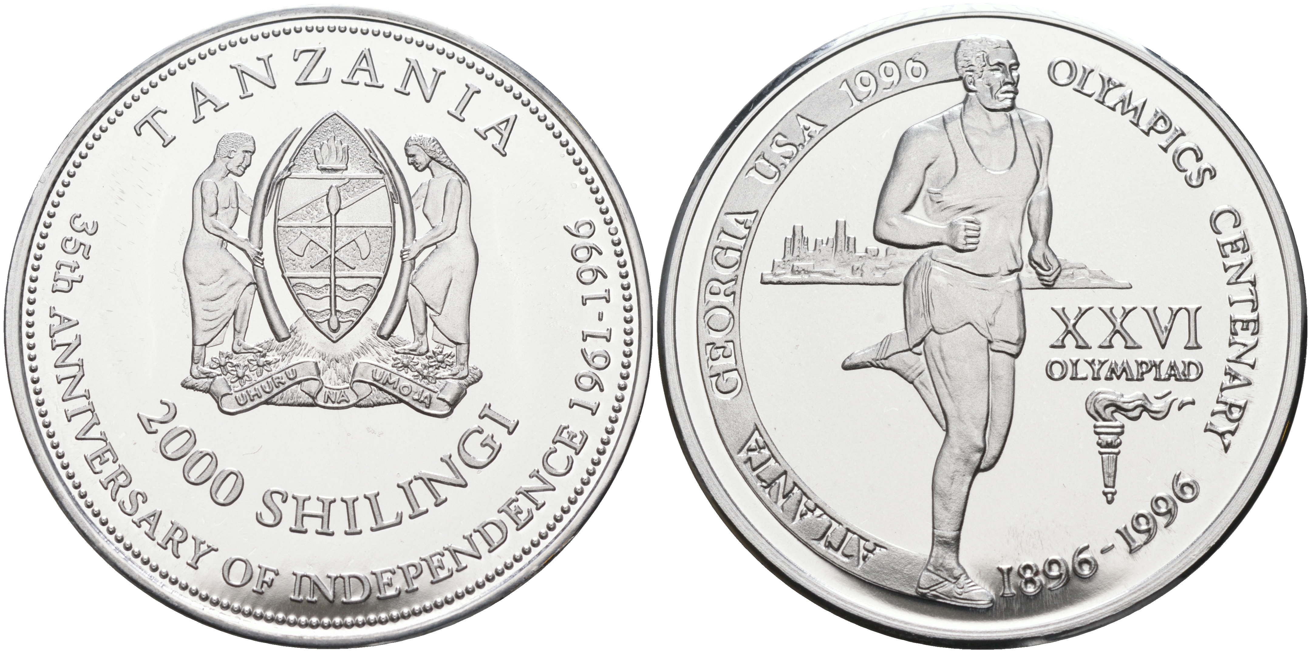 Танзания 2000 шиллингов 1996 XXVI Олимпийские игры 1996 года в Атланте, 100 лет Олимпийскому движению, бег, пробник, гладкий гурт алюминий PROOF 06-135-11