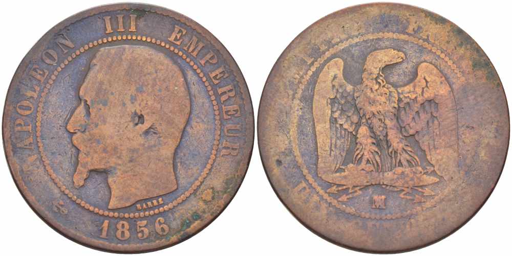 Франция 10 сантимов 1856 MA, Наполеон III (1852-1870) KM 771.6, Le Franc 133.37 бронза    4680-635