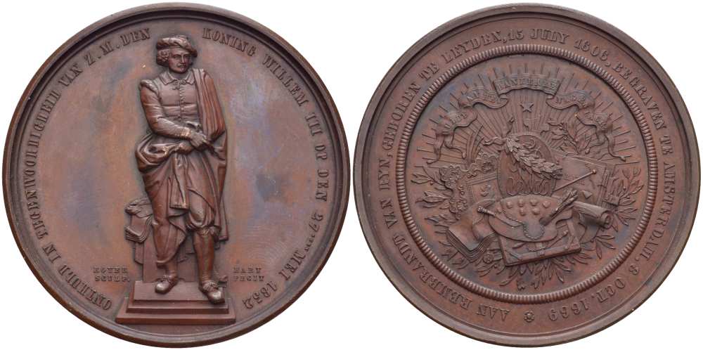 Бельгия медаль 1852 Рембрандт родился 15 июля 1606 года в Лейден, скончался 4 октября 1669 в Амстердаме, памятник Луи Руайе, в присутствии короля Виллема III 27 мая 1852 года Dirks. 728, Weiss BW151 бронза 10-003-20