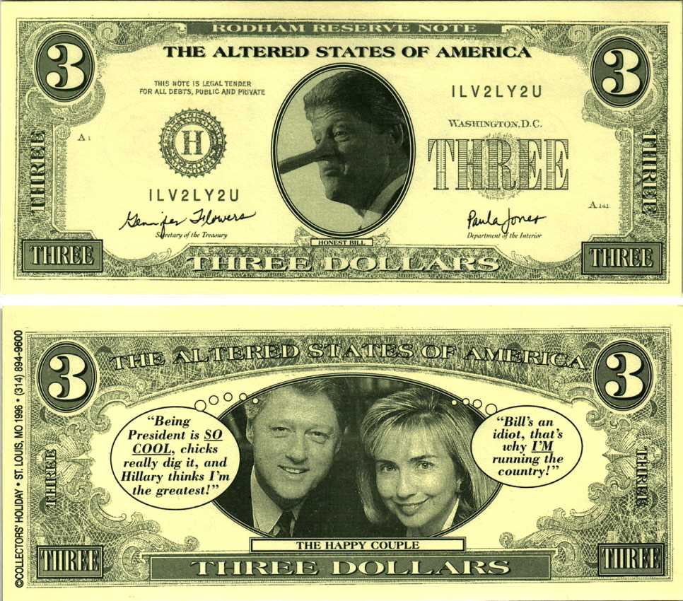 США 3 ДОЛЛАРА 1996 СУВЕНИРНАЯ БАНКНОТА, THE ALTERES STATES OF AMERICA. ЧЕСТНЫЙ БИЛЛ КЛИНТОН С ДЛИННЫМ НОСОМ ПИННОКИО бумага UNC (ПРЕСС) 7198-44-3-2