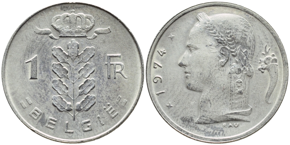 БЕЛЬГИЯ 1 ФРАНК 1974 BELGIE KM 143.1 медно-никель 4384-1234